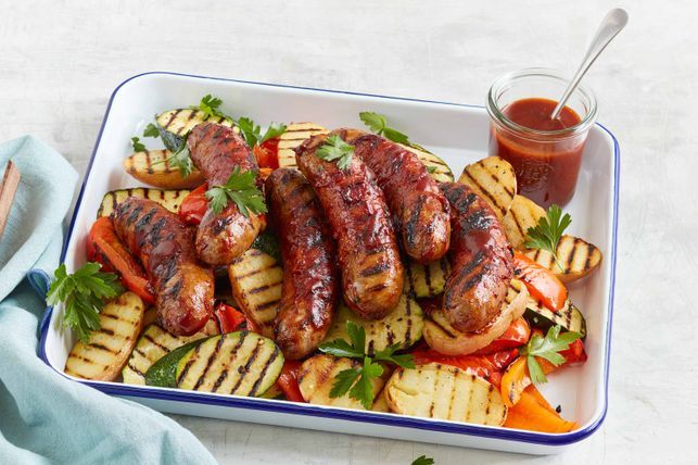 Recipe for grilled beef sausages with roasted vegetables, Grill, BBQ ...